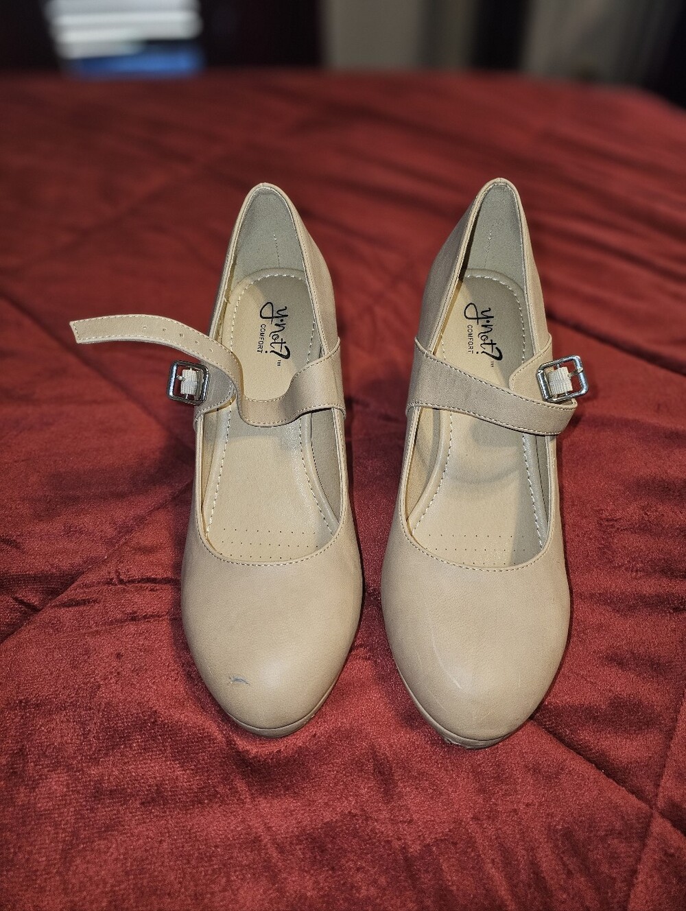 Y-Not Nude Mary Jane Platform Heels with Buckle Strap, closed toe